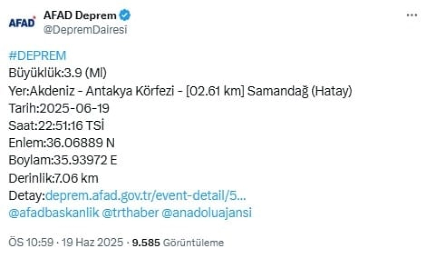 AFAD'dan Hatay Samandağ Depremi Açıklaması
