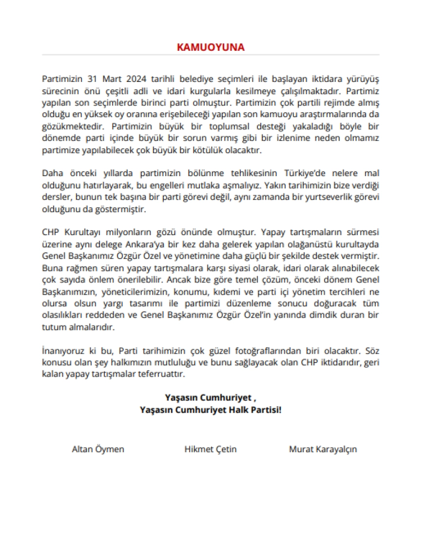 CHP Eski Genel Başkanlarından Ortak Açıklama Yayınlandı