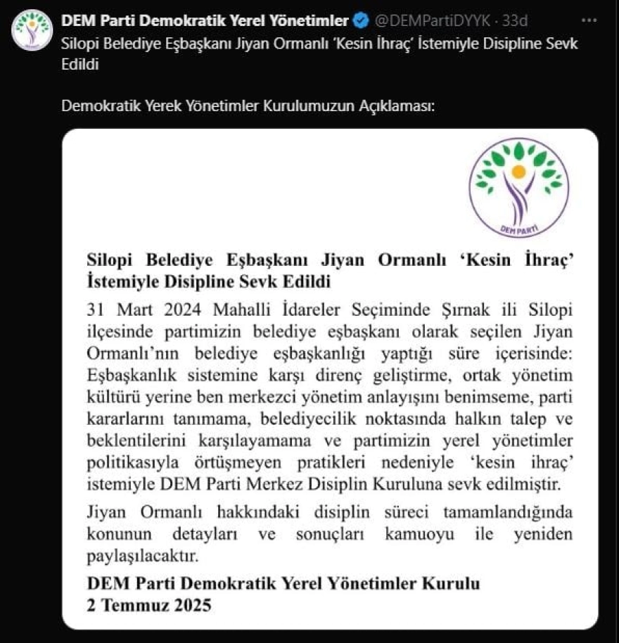 DEM Parti, Silopi Belediye Başkanı Ormanlı'yı 'kesin ihraç' talebiyle disiplin kuruluna sevk etti