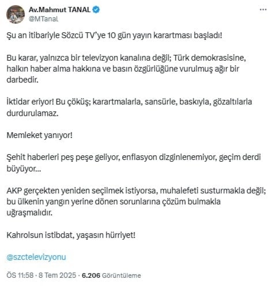 SÖZCÜ TV'ye karartma cezası: Siyasi isimlerden ardı ardına tepkiler geldi