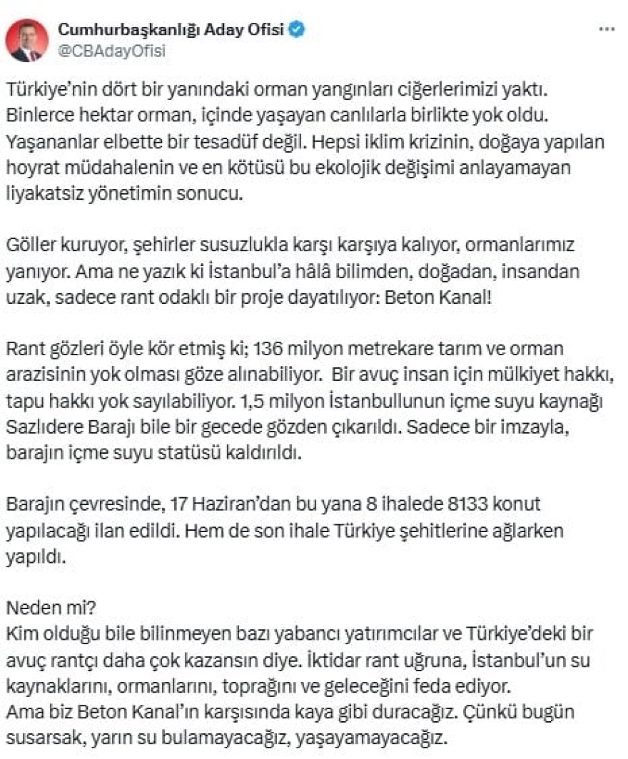 İmamoğlu'ndan Kanal İstanbul'a Sert Tepki