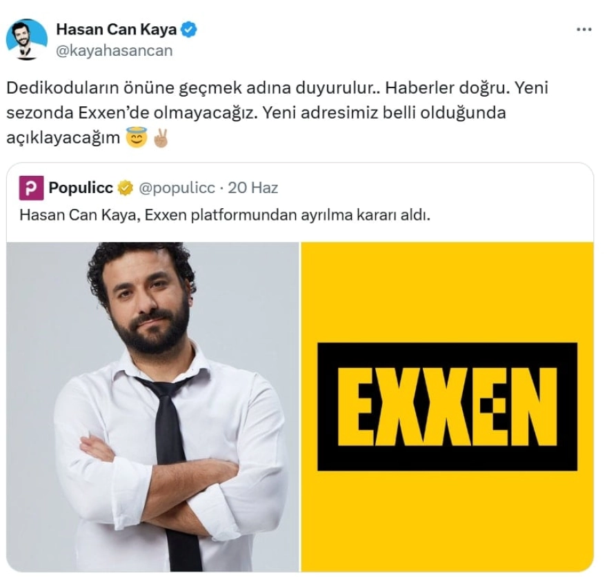 Komedyen Hasan Can Kaya, yeni sezonda Exxen'de yer almayacağını doğruladı ve yeni adresini yakında açıklayacağını duyurdu.